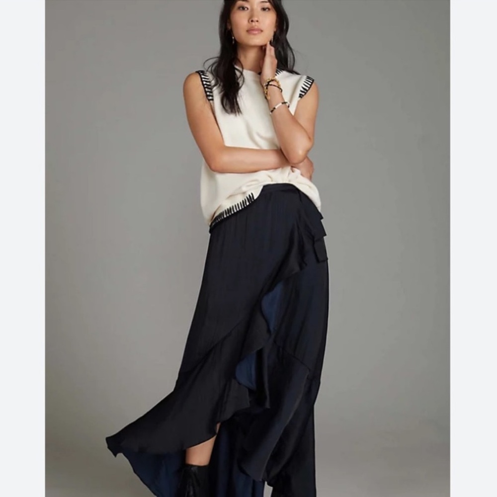 Anthropologie Black Ruffled Maxi Skirt